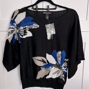 INC Blouse with Blue and Silver Floral Design - NWT - S